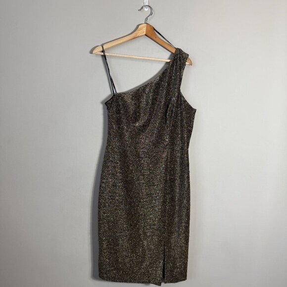 Vince Camuto One Shoulder Glitter Knee Length Dress Womens 12 Gold Slit Cocktail - Picture 4 of 14